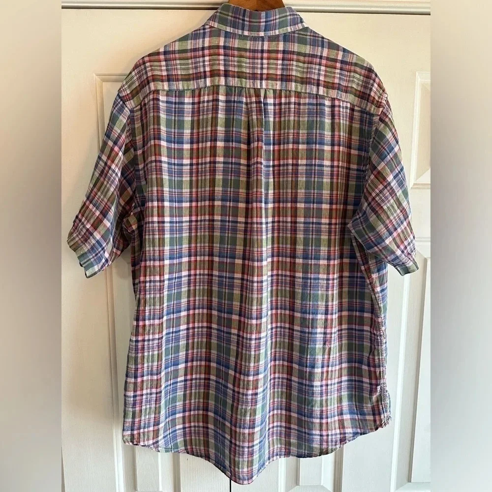 Vintage Brooks Brothers 100% linen plaid button down short Sleeve shirt. Size L